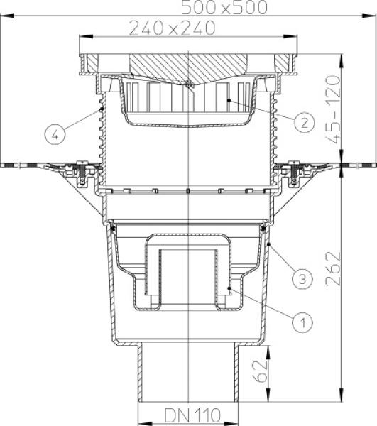 Perfektablauf DN160 senkrecht mit Bitumenmanschette und Wassergeruchsverschluss, 240x240mm / Gussrost 226x226mm HL616HW/5